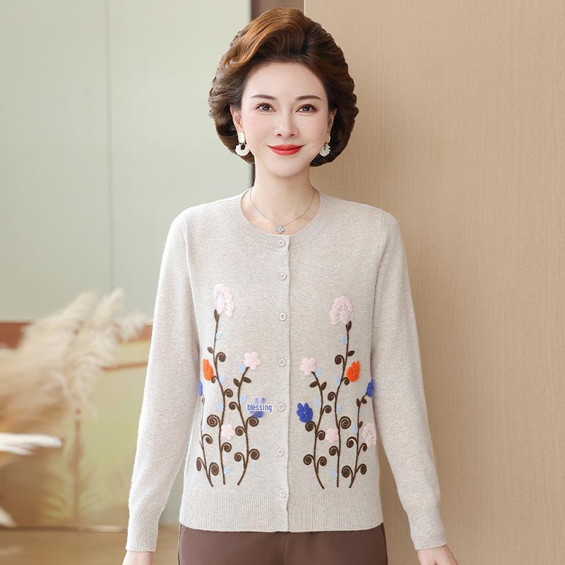 Women's Embroidered Wool Cardigan - Grandma's Warm Round Neck Sweater for Autumn/Winter
