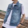 Herren Revers Ärmellose Jeansjacke Risse Löcher Taschen Einreihig Jeansweste Gewaschen Locker Lässige Weste