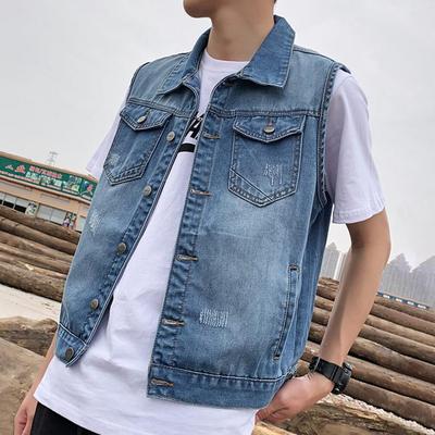 Giacca di Jeans da Uomo Senza Maniche con Revers, Strappi, Tasche, Monopetto, Gilet di Jeans Lavato Vestibilità Ampia Casual