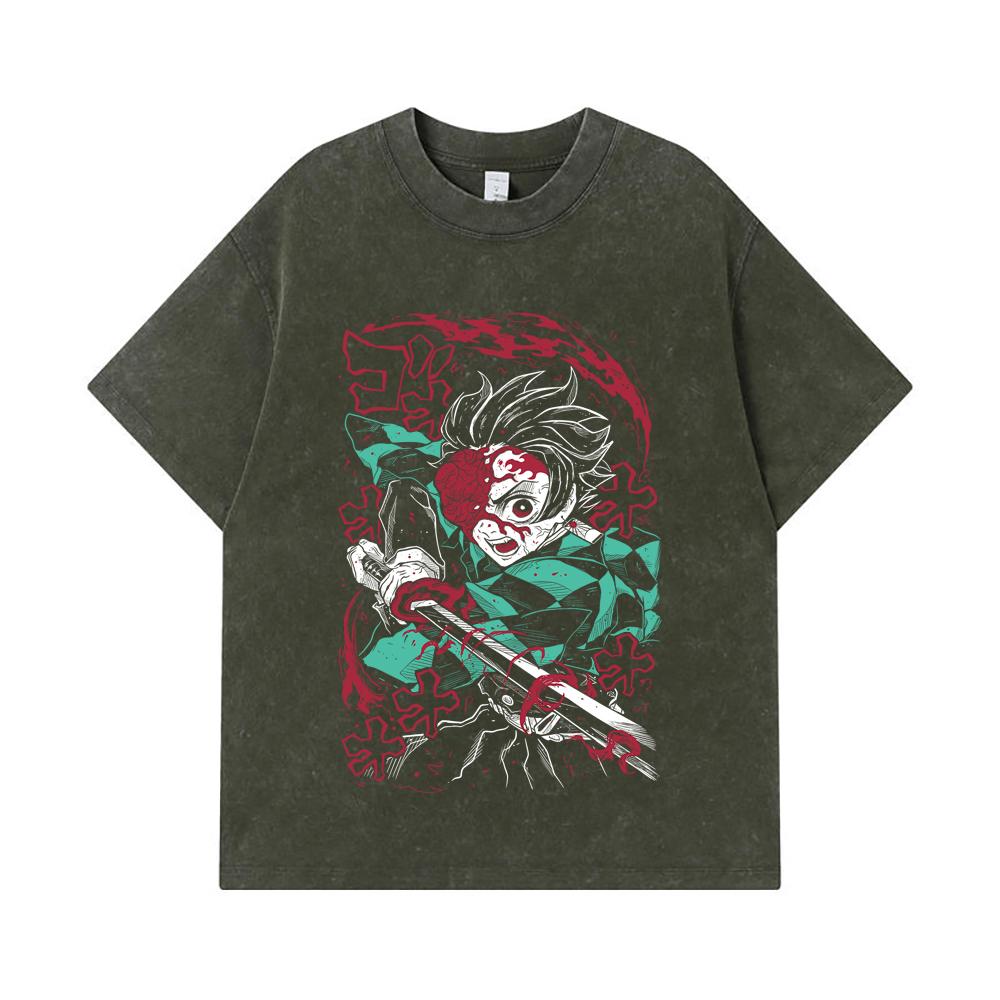 275 GSM Washed T-shirts 100% Cotton Demon Slayer V41 Demon Tanjiro Print Unisex Heavy Cotton T Shirt S