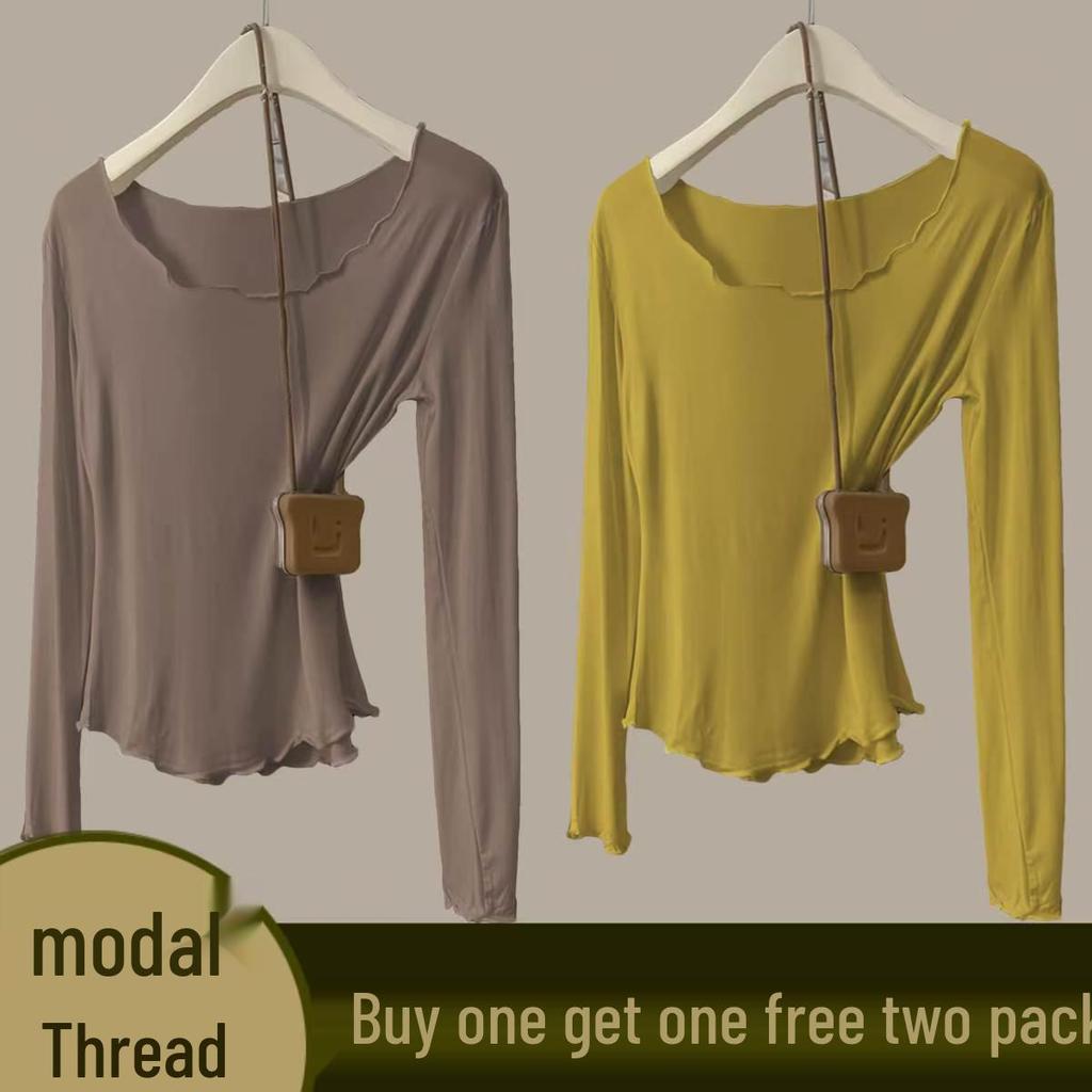 Women's Autumn Modal Ribbed Top: Round Neck, Long Sleeve, Rolled Hem, Base Layer T-Shirt