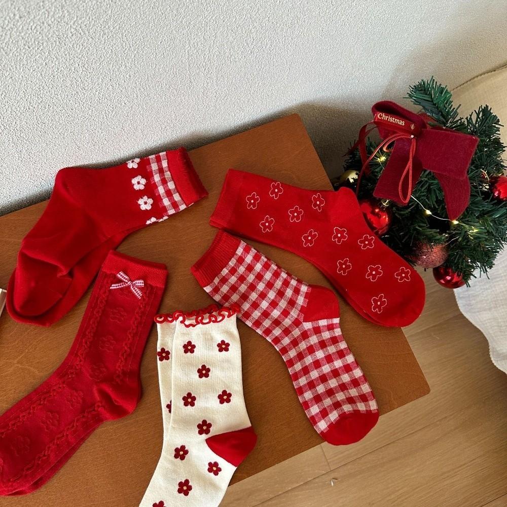 Combed Cotton Heart Polka Dot Socks Breathable Flower Socks Plaid Red Socks Spring Festival