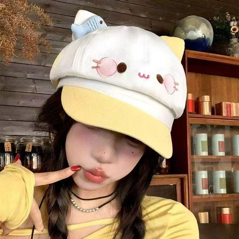 Japanese Cute Fish Kitten Beret for Women - Back To School Layered Octagonal Hat