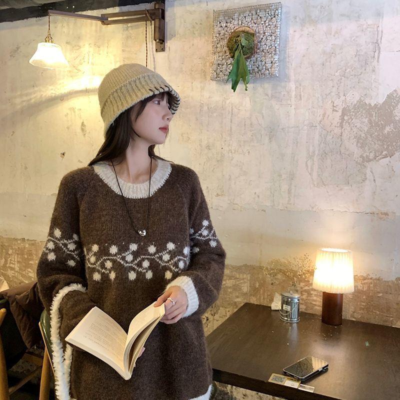 

Цветочный женский вязаный свитер с круглым вырезом и длинными рукавами, повседневный базовый свитер, художественный, весенне-осенний, женский пуловер свободного кроя XL коричневый