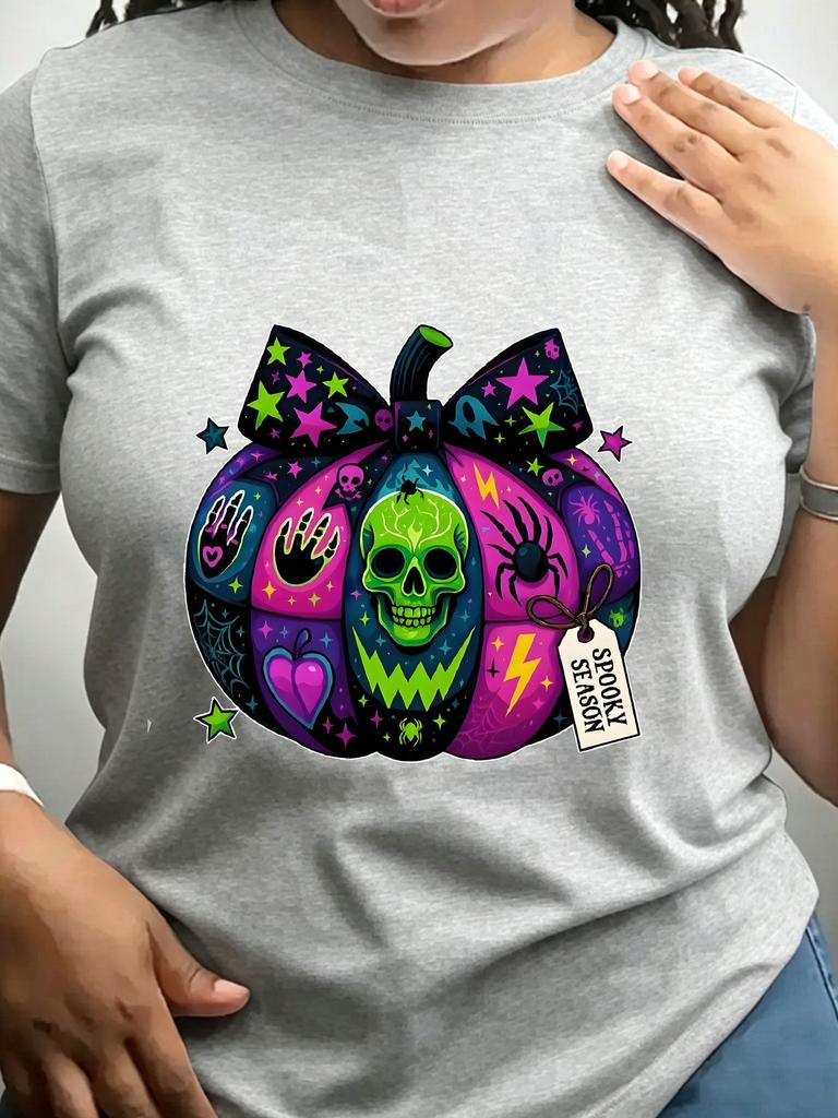 TXWomen's Trendy Crew Neck T-Shirt Colorful Halloween Pumpkin Skull Design Suitable for Casual Sportswear