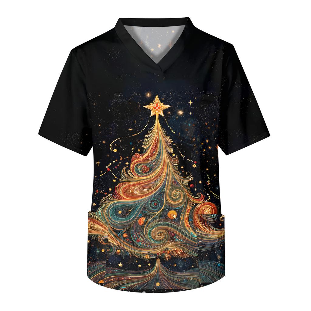 Men's Printing Short Sleeve V-neck Working Blouse Chest Pocket Carer Top