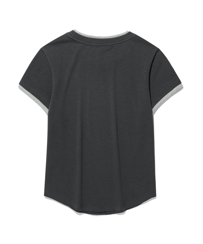Kimseupeulesikoteunmakes Mini Bomb Line Neck Sleeve Layered T-Shirt Charcoal