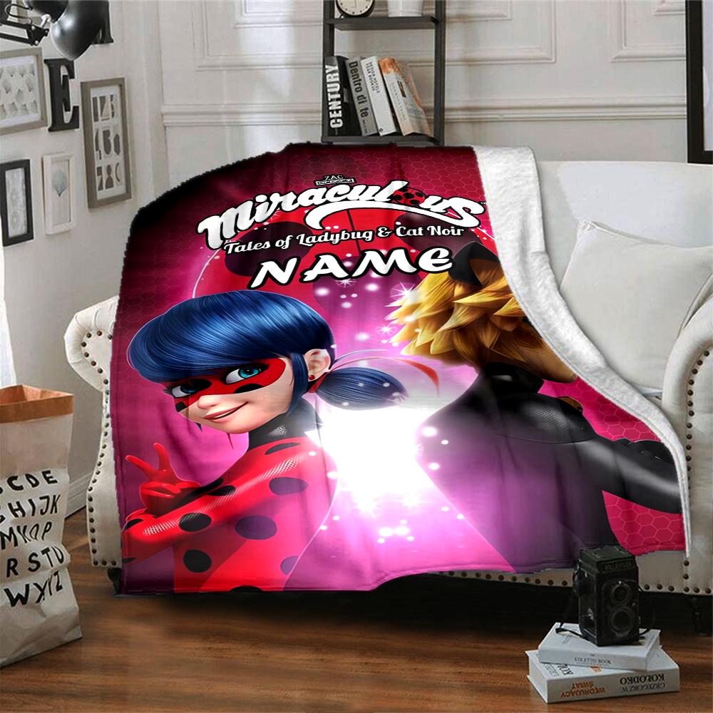 Custom Name Miraculous Tales of Ladybug Cat Noir Theme Printed Blanket - Perfect for Couch, Bed, Travel & Outdoor Use | Machine Washable, Cozy & Durab