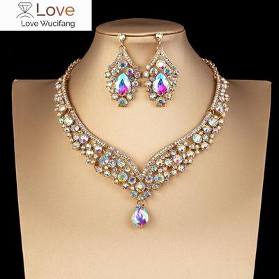 Mode Kristall Ab Halskette Ohrringe Set Strass Braut Schmuck Sets Für Bräute Hochzeit Partei Kostüm Bijoux Femme