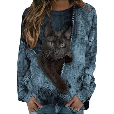 Frauen Herbst Langarm Rundhals Zipper Cartoon Katze Drucken Casual T-shirt Bluse Top