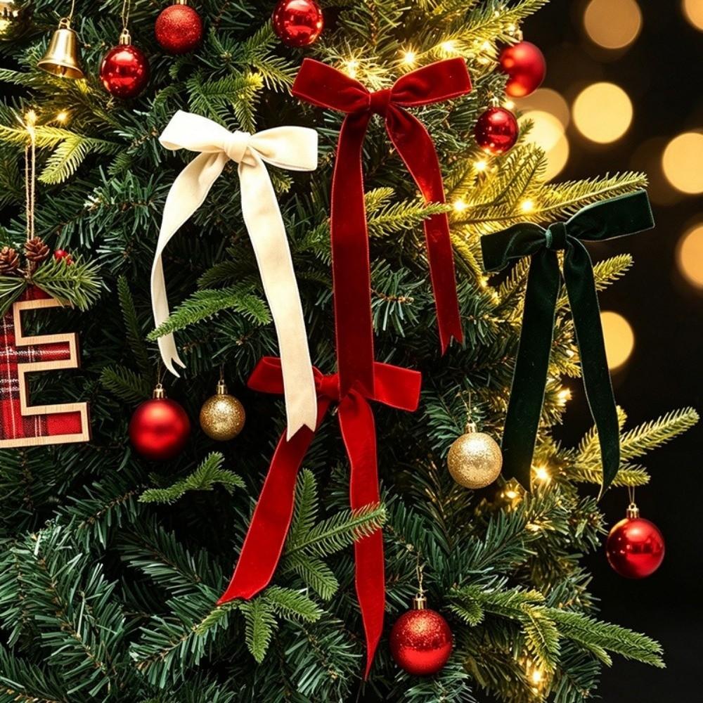 4PCS Single/Double Ear Bow Christmas Bow Ornament Long Ribbon Xmas Gift Box Bow Christmas Decor