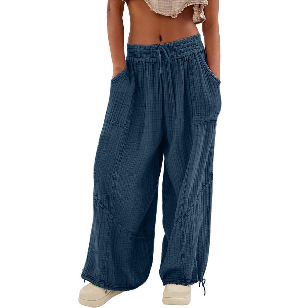 Women's Fashion Loose Solid Color Drawstring Elastic Waist Pocket Casual Pants Cotton Pants