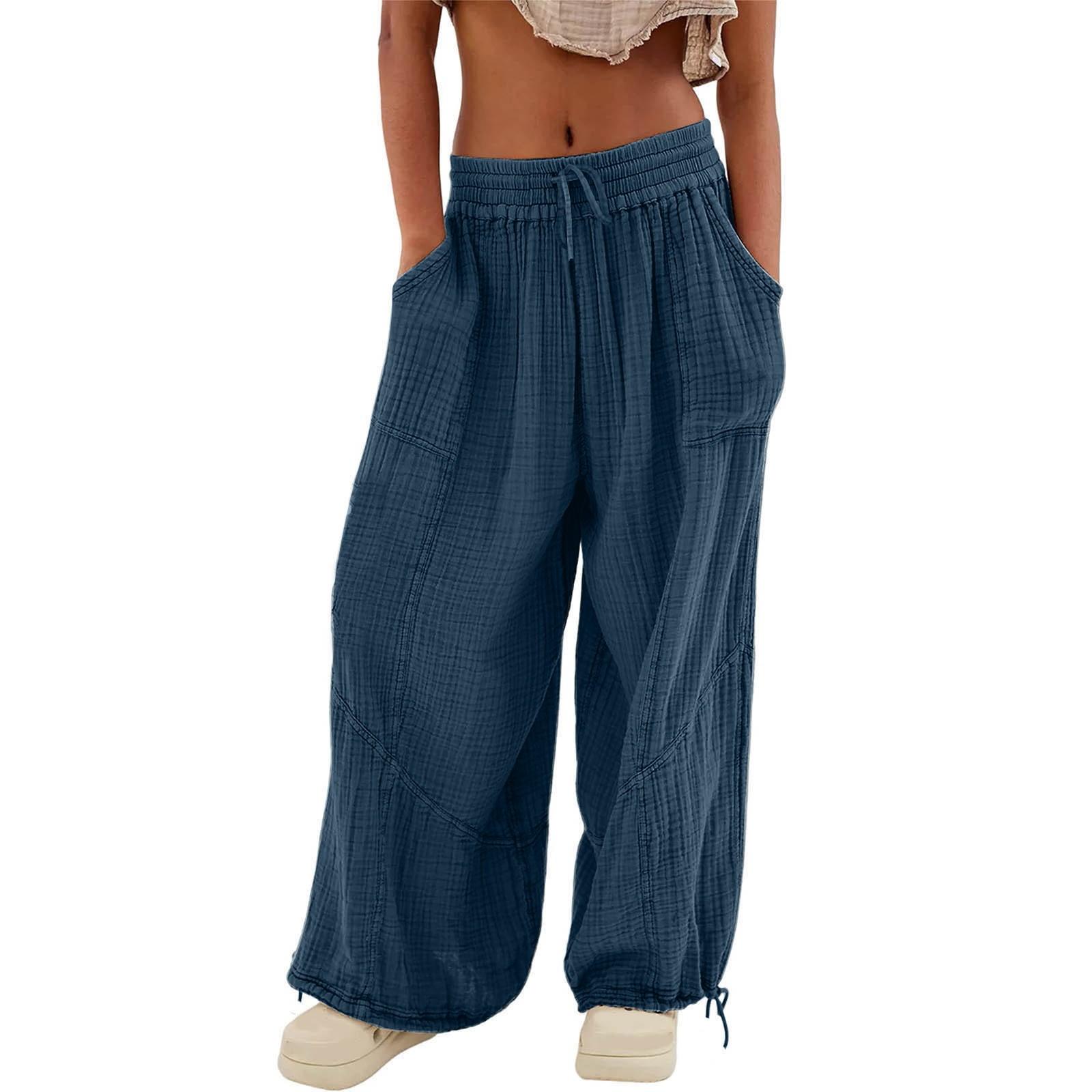

Women s Fashion Loose Color Drawstring Elastic Waist Pocket Casual Pants Cotton Pants S синий