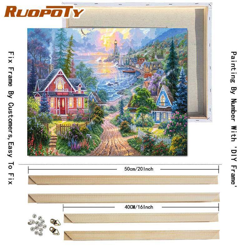 RUOPOTY Oil Painting By Numbers Lake Landscape Handpainted Unique Gift Pictures By Numbers Pavilion Spring For Adults Home Decor