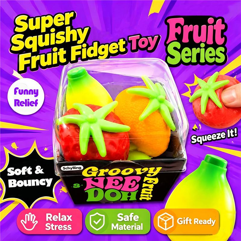 Schylling Needoh Groovy Strawberry Banana Orange Fruit 3 Pack Set Fast Rebound Stress Relief Ball Anxiety Squeeze Sensory Toy