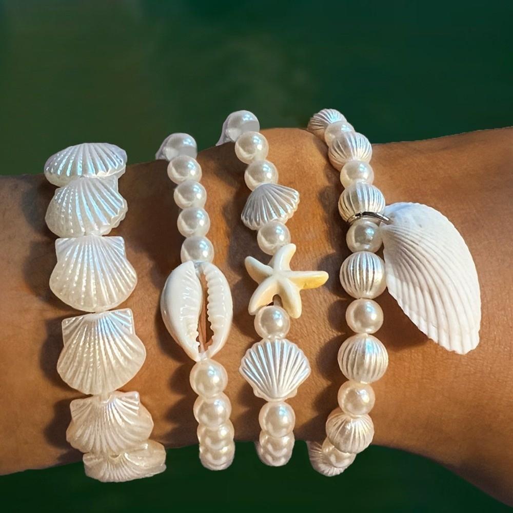 4Pcs/Set Multilayer Conch Beaded Bangles Imitation Pearl Wrap Charm Hand Chain Beach