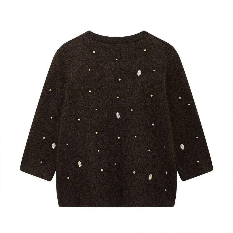 Fashion Style 2024 Fall and Winter New Women's Clothing Easiest for Match Beads Rhinestone Round Neck Knitting Cardigan 6427113