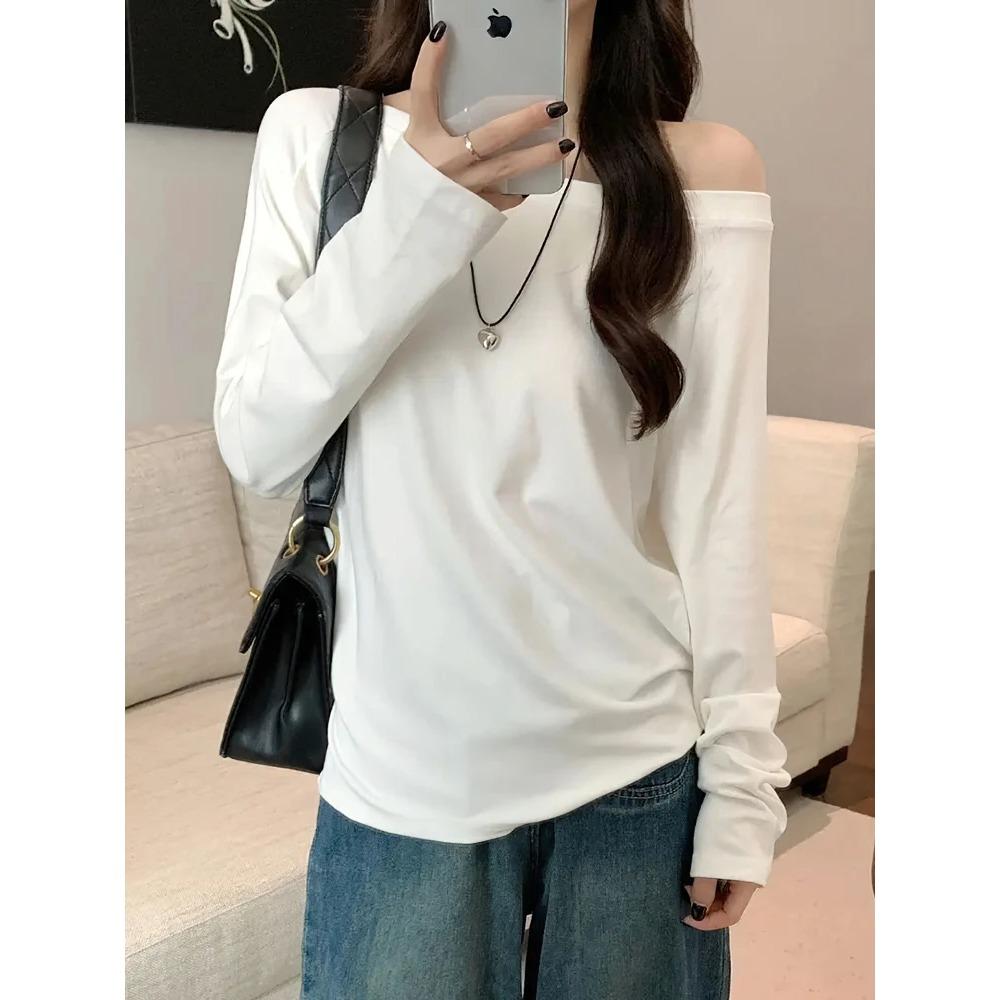 Oversize Off shoulder Long sleeve T shirt Women Solid color Casual Tops Lady Spring Autumn Basic Tees Korean style Youth Blouses