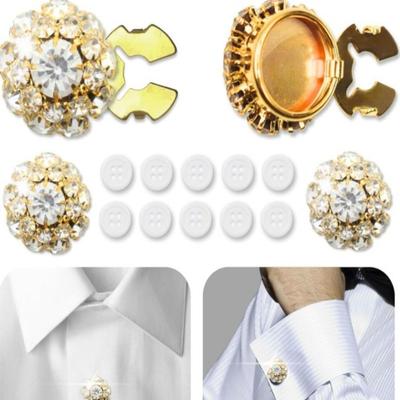 2PCS Alloy Flower Cufflinksble Rhinestone Shirt Button Box Rhinestone Button Cover  for Men Women