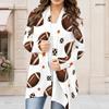 Women Plus Size Open Front Long Sleeve Cardigan Football Print White Draped Collar Curved Hem Outerwear