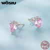 WOSTU 925 Sterling Silver Strawberry Heart Pink Zircon Stud Earrings For Girl Daily Wear Ear Studs Lovely Jewlery Birthday Gift