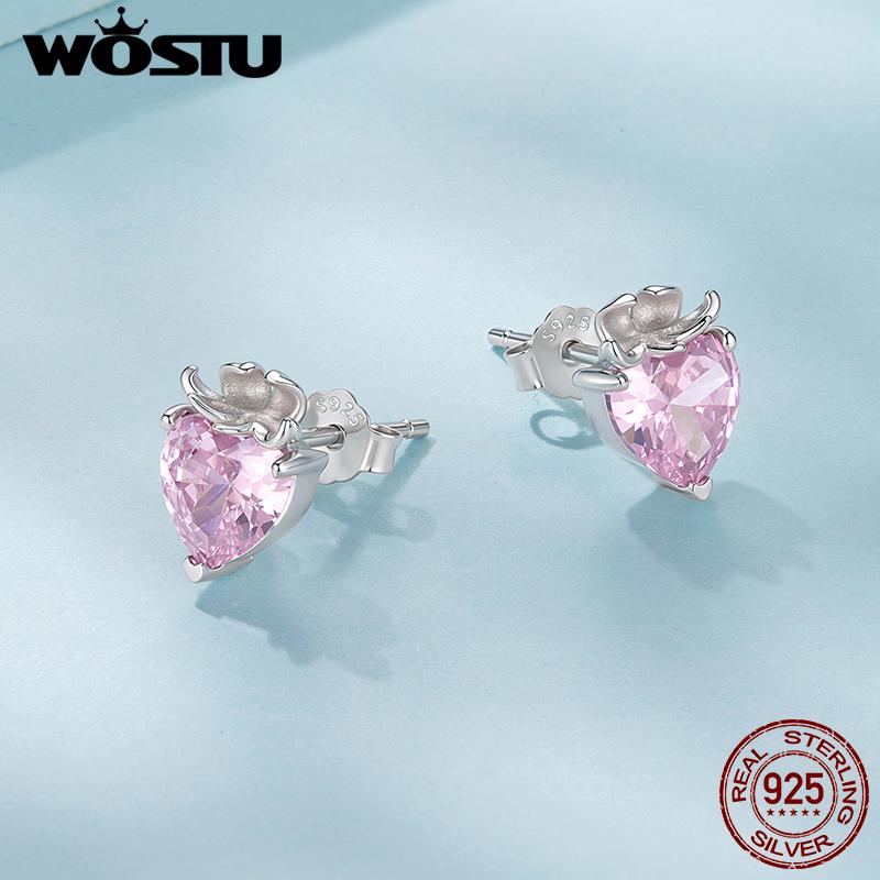 WOSTU 925 Sterling Silver Strawberry Heart Pink Zircon Stud Earrings For Girl Daily Wear Ear Studs Lovely Jewlery Birthday Gift