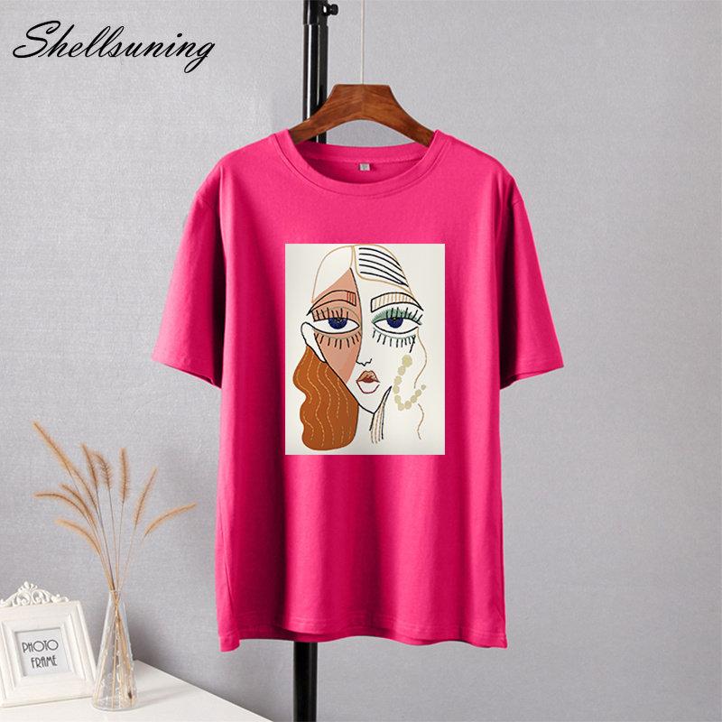 Shellsuning Summer Retro Character Printed T Shirts Women Korean Graphic Trendy Tees Loose Casual Short Sleeve Female Tops