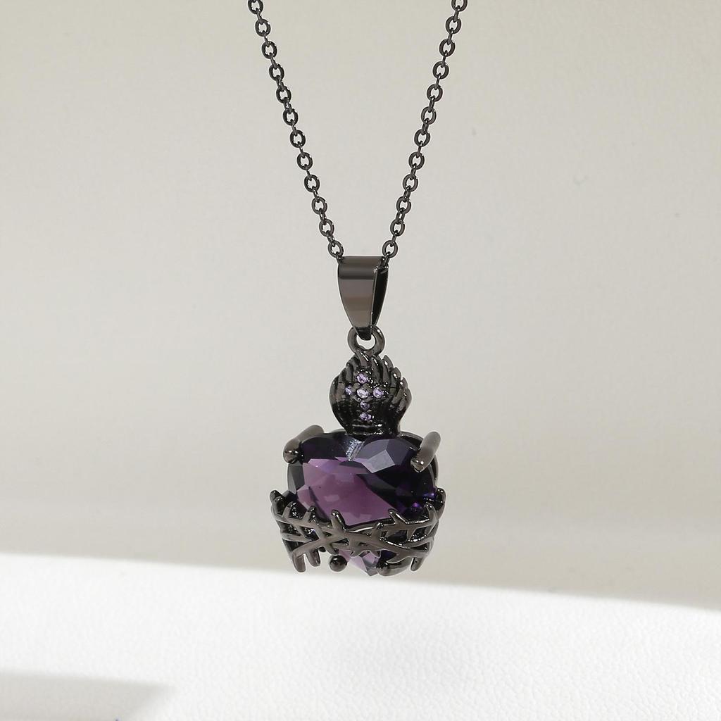 Purple Zirconia Heart Flame Cross Choker - Halloween Thorns Series Necklace