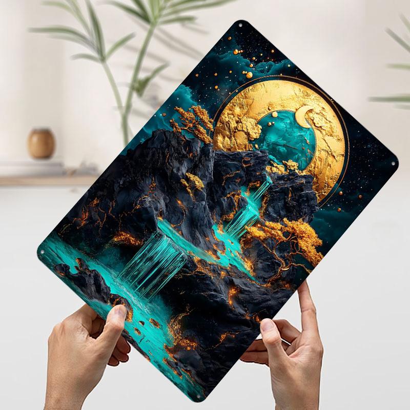 Golden Moon Waterfall Metal Poster Customized Wall Art Retro Vintage Tinplate Signs for Room Decorations Decoration Gaming Decor