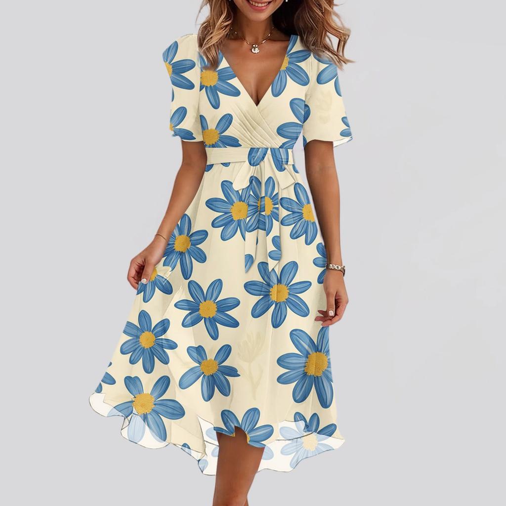 Women's Summer Floral Printed Casual Wrap V Neck Ruffled Hood Short Sleeves Belt A-Line Ruffle Hem Midi Sundress