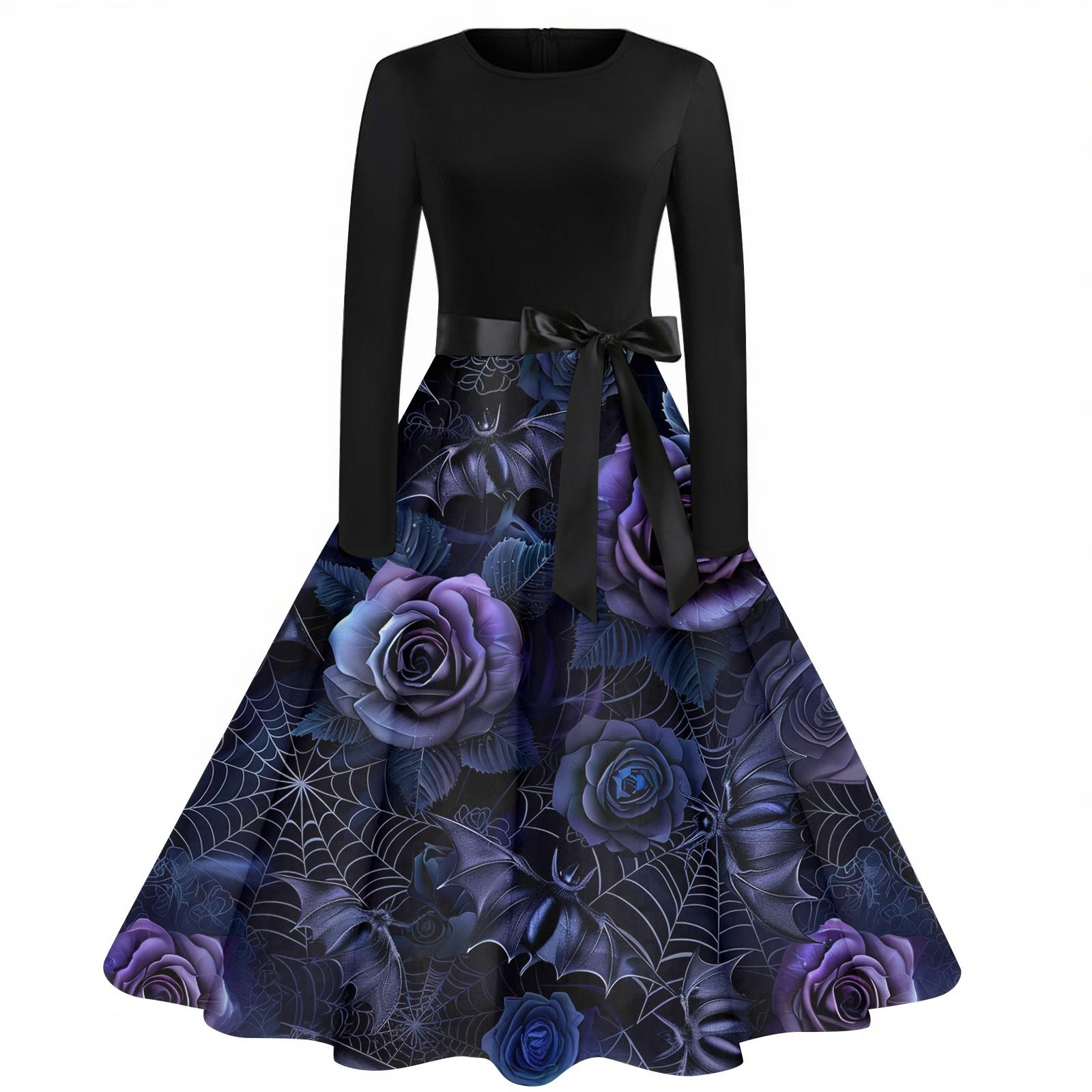 

Женское модное винтажное платье с длинным рукавом и круглым вырезом с принтом на Хэллоуин для вечеринки L