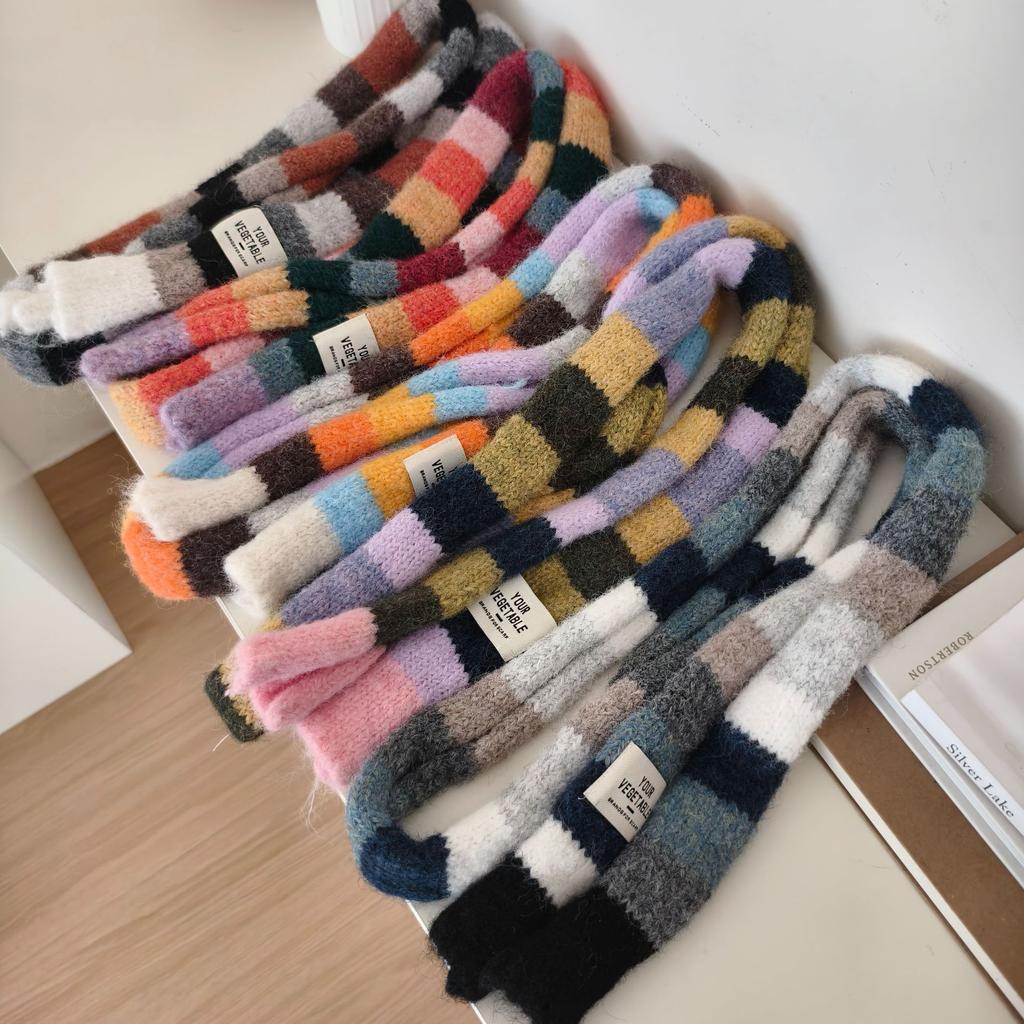 Korean Y2K Striped Scarf Knitted Wool with Colorful Splicing Contrast Long Narrow Scarves Sausage Thin Scarf Winter Scarves Wrap