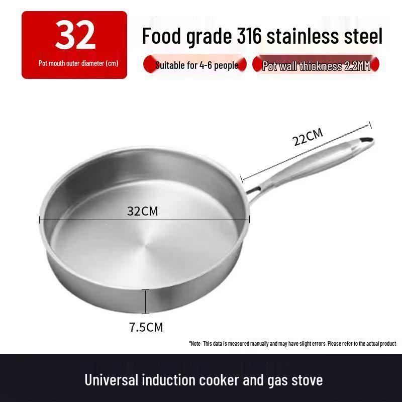 Uncoated 316 Stainless Steel Non-Stick Frying Pan, Universal for Induction & Gas Stoves, Flat-Bottomed with Three-Layer Steel for Eggs & Steak.