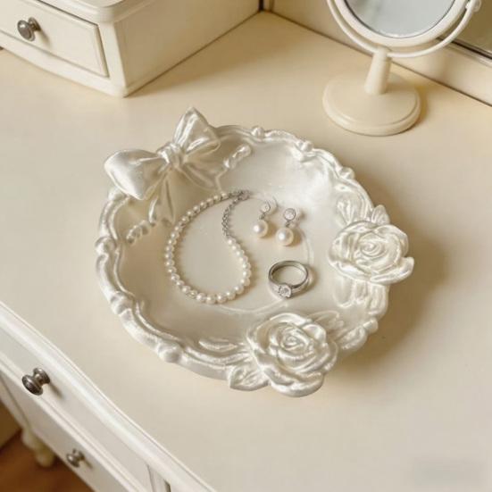 3D Printed Jewelry Tray Small Round Ring Holder Dish with Bow for Women Girls Floral Trinket Bowl Jewelry Organizer for Vanity Dresser Decor