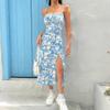 Women Summer Casual Holiday Sytap Sexy Flower Printed Split Package Hip One Piece Dress