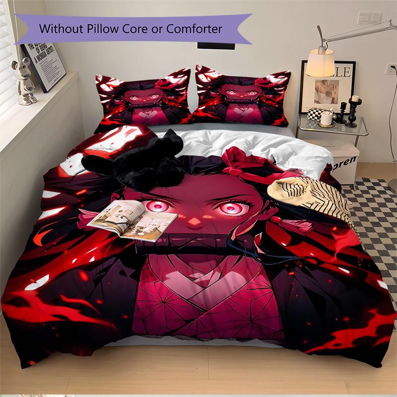 3pcs Anime Character Kamado Nezuko Pattern Bedding Three-Piece Set (1 Cover + 2 Pillowcases, No Fillings), This Printed Bedding Set Is Soft