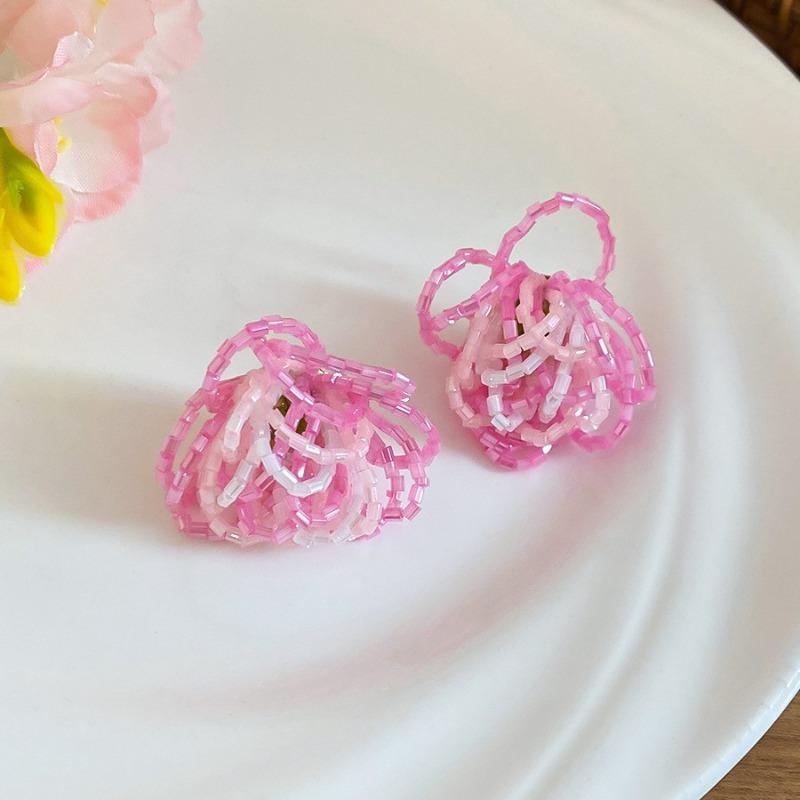 Silver Needle Pink Chiffon Flower Fringed Stud Earrings Small Fresh and Sweet Vacation Style Earrings Light Luxury High-end Earrings Women