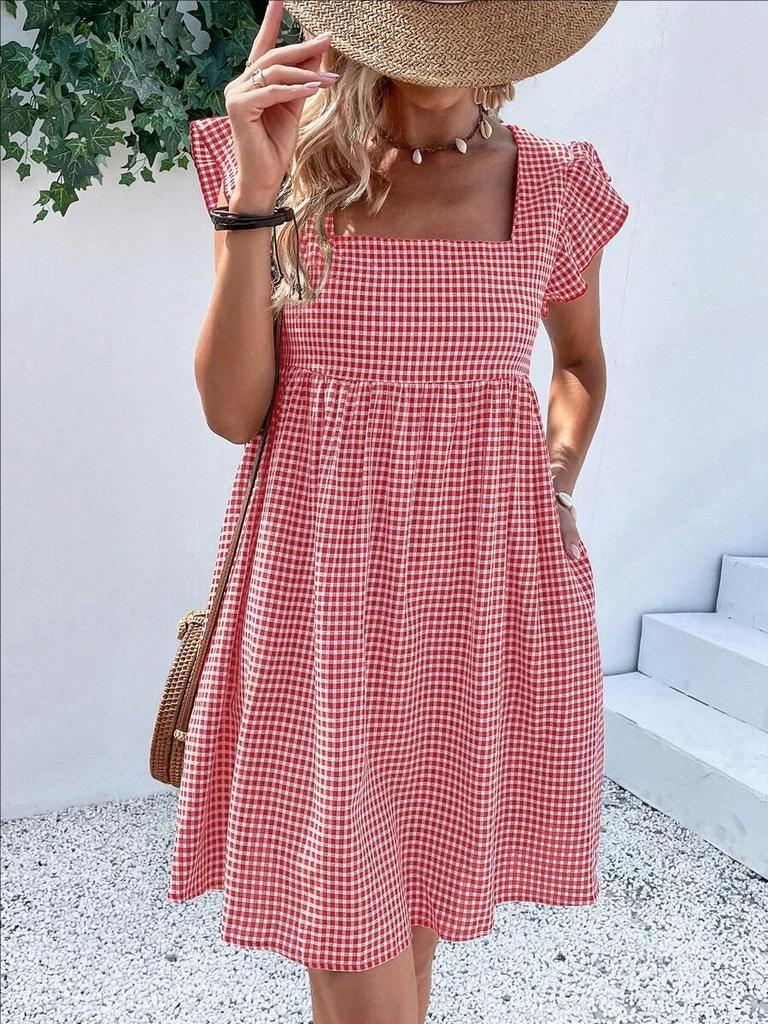 European & American Women's Ruffle Sleeve Square Neck Plaid High-Waisted Dress