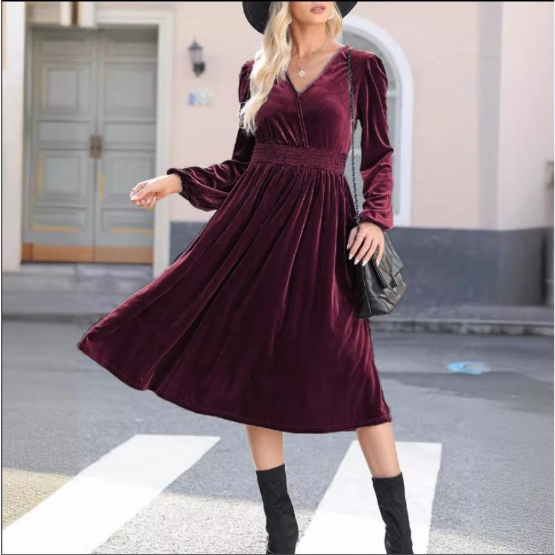 Autumn and Winter Solid Color Outside Long-sleeved Dress Commuter V-neck Pleated High-waisted Dress