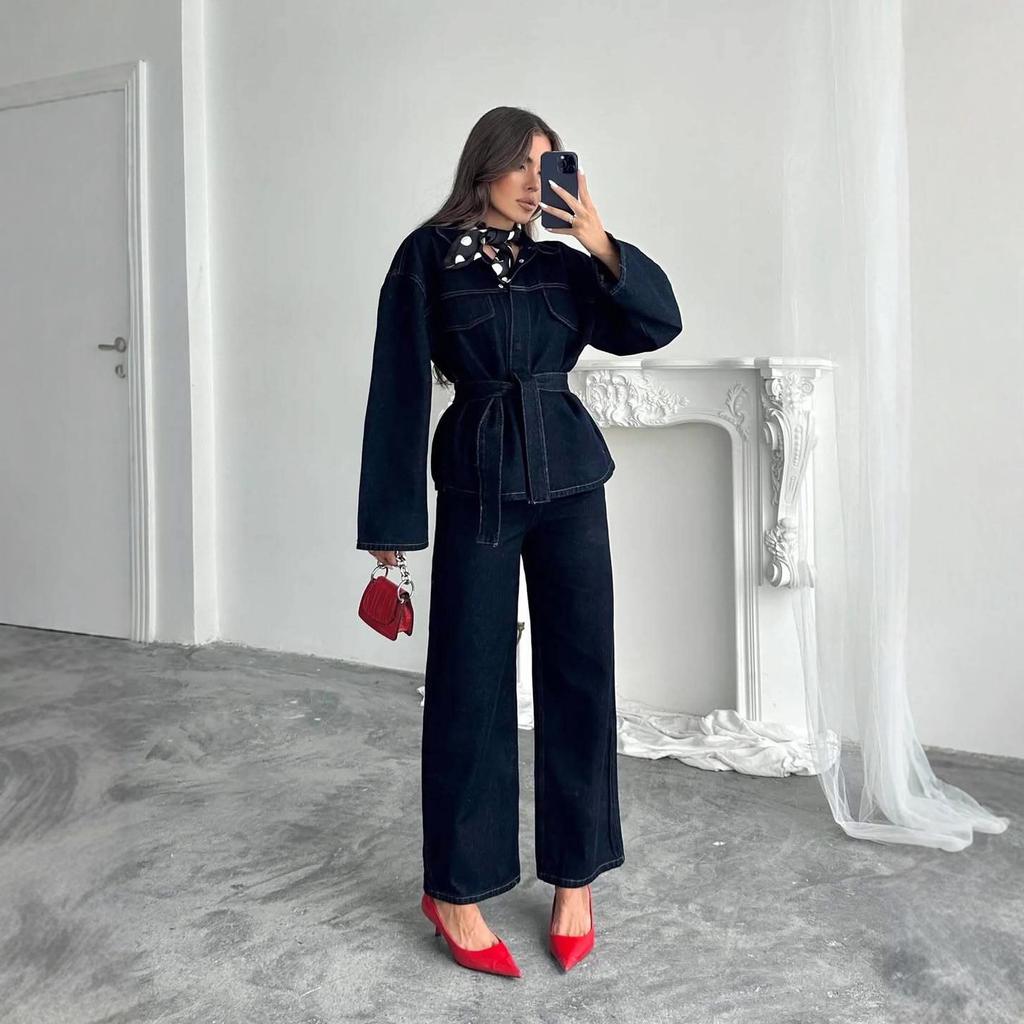 2025 Cross-border European and American Women's Clothing Amazon Fashion Casual Lapel Denim Lace Retro Versatile Two Pieces
