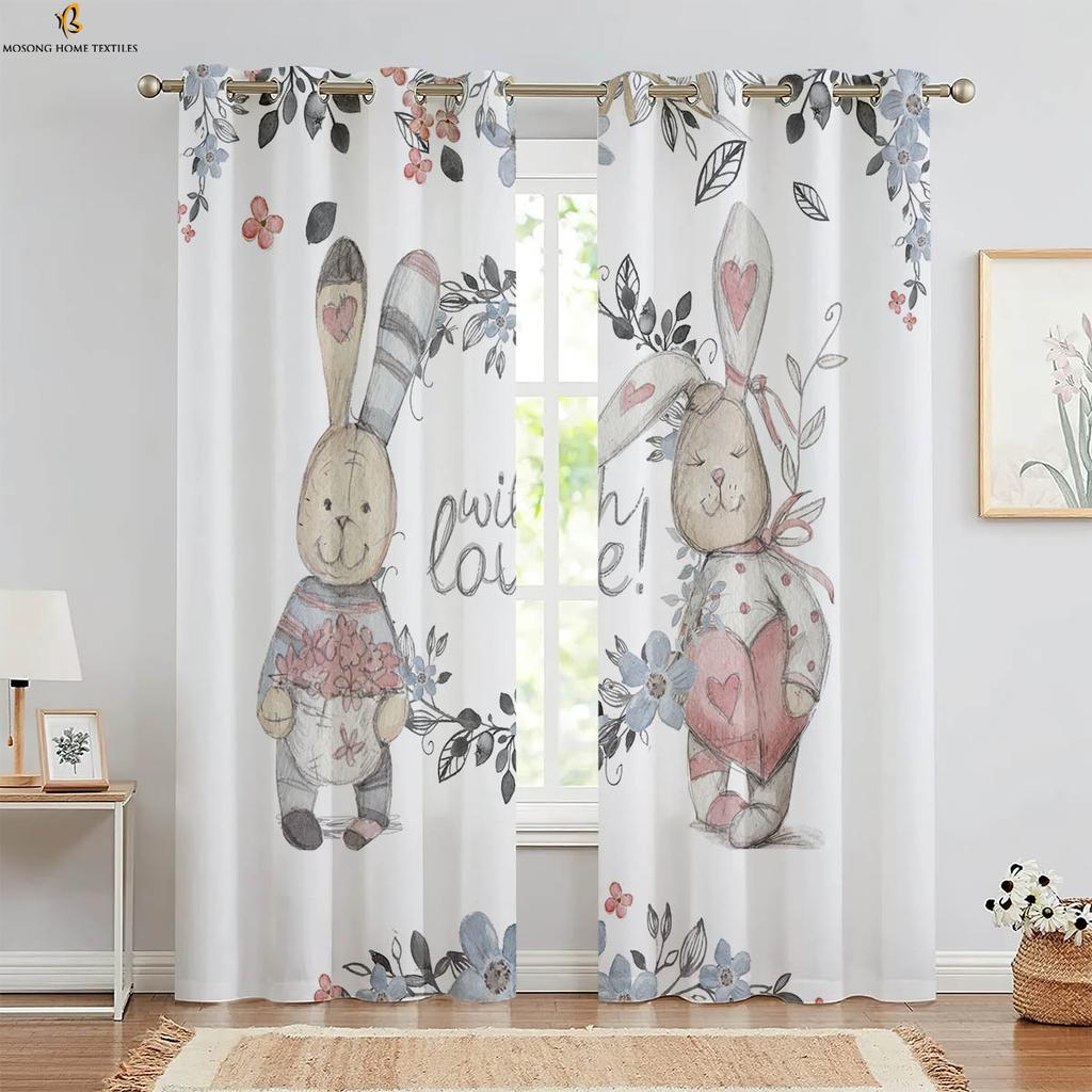 Set Of 2 Easter Decorative Curtains Retro Cartoon Rabbit Print Bedroom Living Room Children Curtain For Sitting Made Polyester