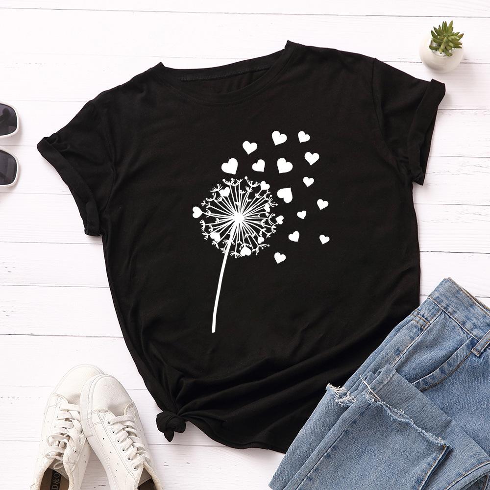 Cotton Loose Round Neck Creative Dandelion Heart-shaped Short Sleeved Women's T-shirts