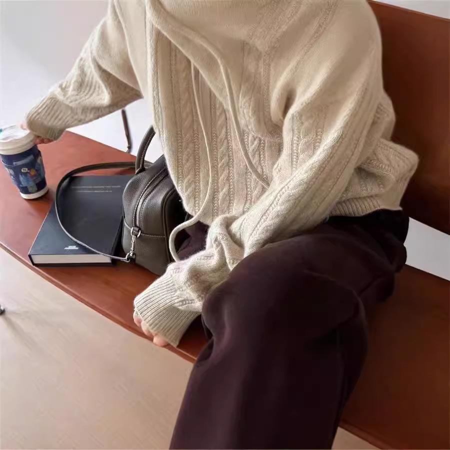 Women's Hooded Pure Wool Cable Knit Sweater - Loose Slimming Fit, Solid Color, Ideal for Autumn/Winter