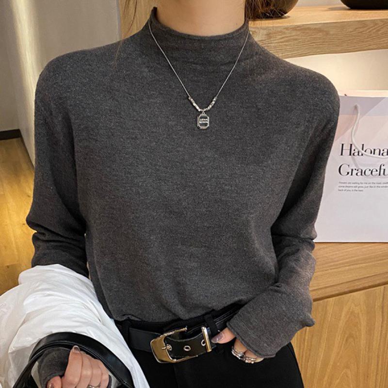 Ladies autumn winter Long Sleeve stand Collar slim fit Basic Solid Color Pullover T Shirt Top for Layering