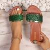 Large Size Summer New One-word Sequined Sandals Women's Wear Square Head Open-toed Flat-bottomed Beach Women's Sandals