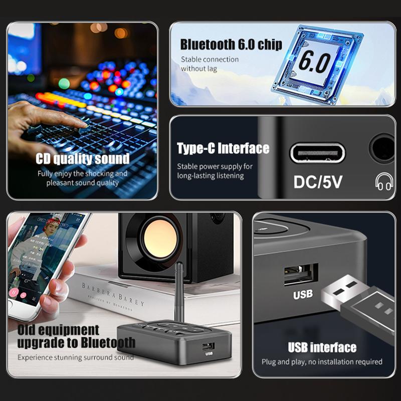 Bluetooth 6.0 Audio Receiver 3.5mm AUX RCA With Mic HIFI Stereo Wireless Adapter Support USB U-Disk For Car Speaker Amp