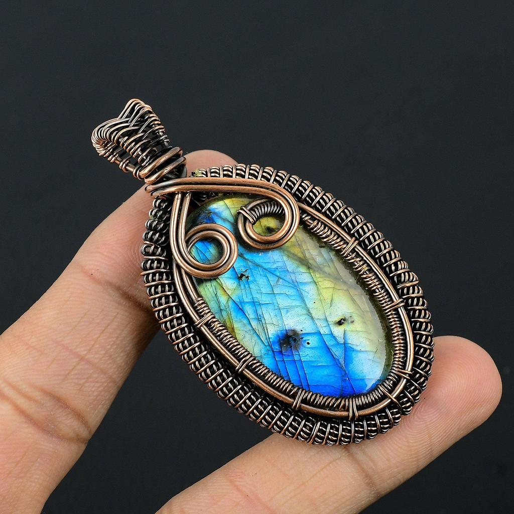 Labradorite Pendant, Handmade Gemstone 999 Copper Wire Wrapped Pendant Antique Jewelry, For Gift Silver Jewelry
