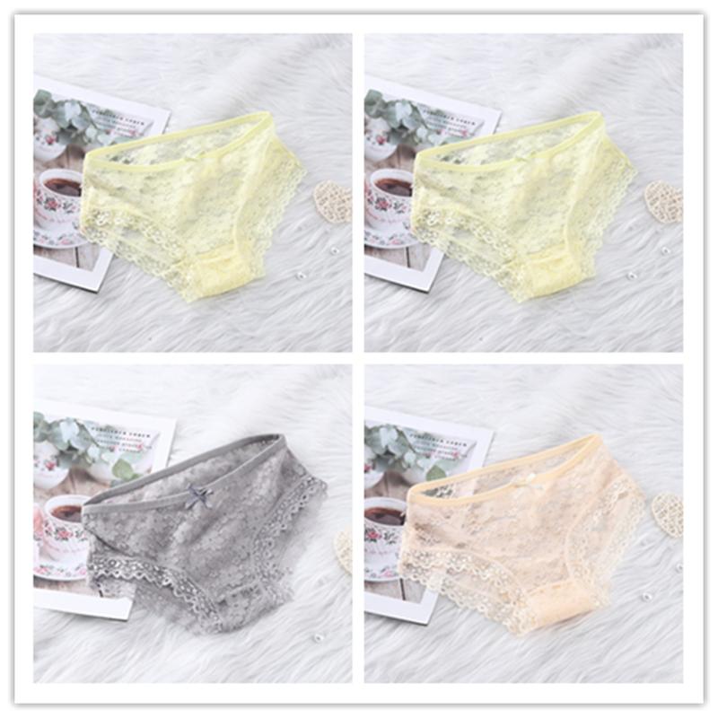 Girls' Sexy Lace Briefs Breathable Underwear with Butterfly Knot Carved Mid Air Waist Knickers Solid Color Women's Triangle Panties