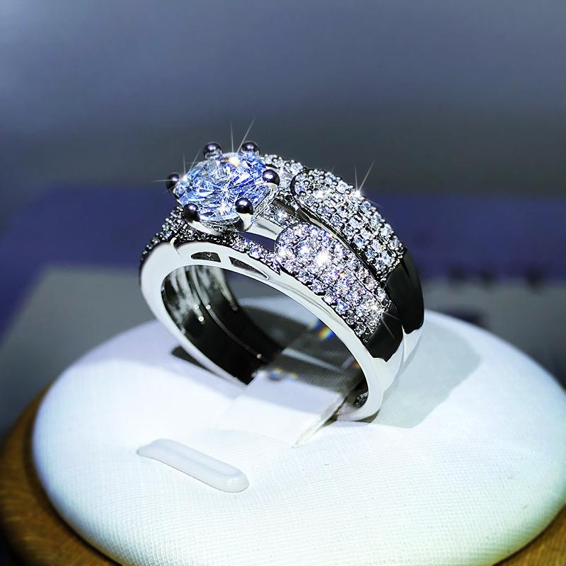 Fashion Classic Double Ring White Zircon Six-Claw Ring  Sterling Copper For Ladies Party Reception Wedding Jewelry Gift