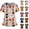 Women's V-Neck Short Sleeve Uniform Top with Double Pockets and Side Slit, Halloween Print
